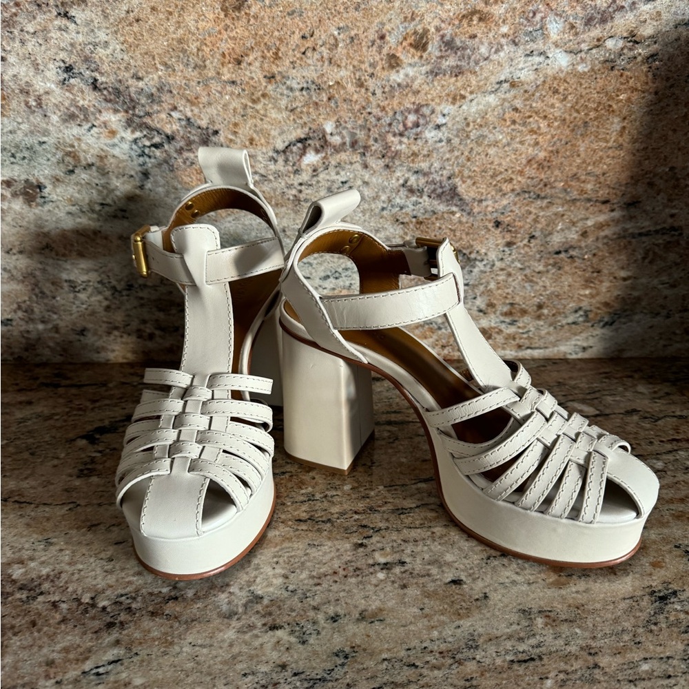 See By Chloe Hana leather cream-nude color chunky heels sandals.
